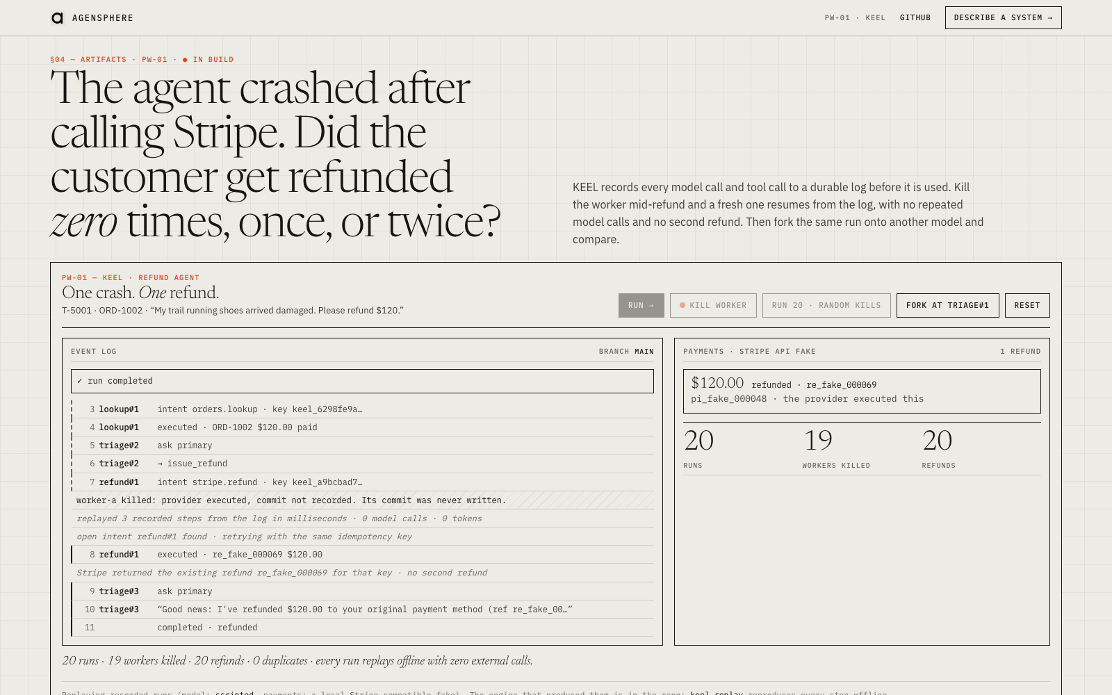 The KEEL demo page: a refund agent's event log on the left, the payments panel on the right showing one refund after a crash.